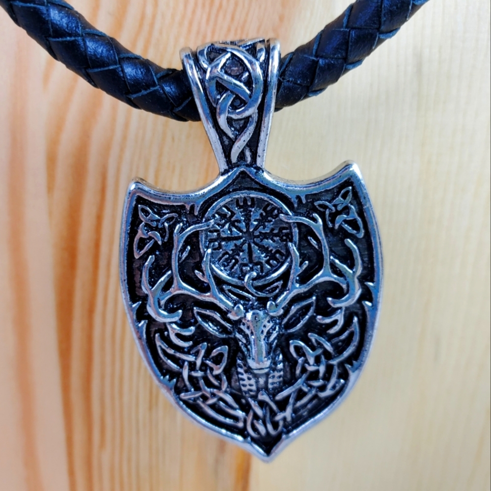 Men's Leather Viking Stag Crest Necklace